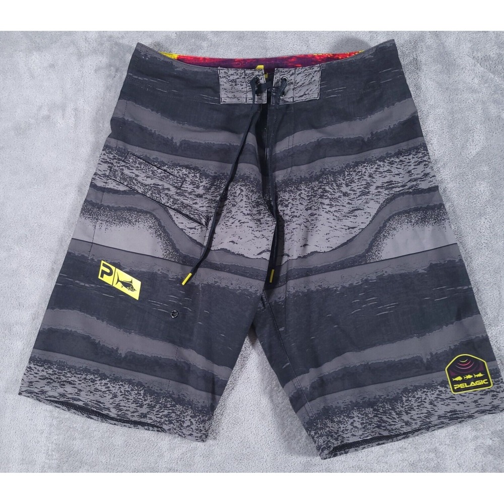 Pelagic Board Shorts Mens 30 Black Gray 4 Tek Swim Trunks Fishing Stretch 12"